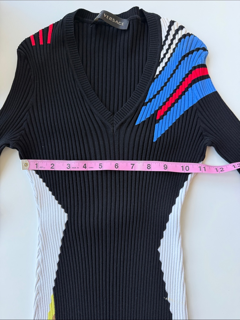 Versace Color Block Ribbed Knit V-Neck S/M - Picture 7 of 10